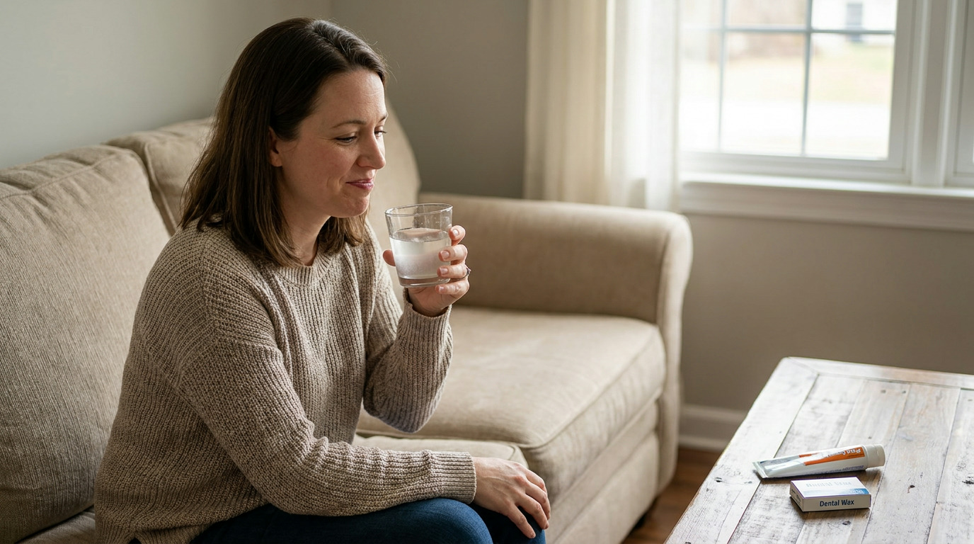 Lily sits on a sofa, holding a glass of water, with a tube of toothpaste and a box of dental wax on the coffee table beside her.
