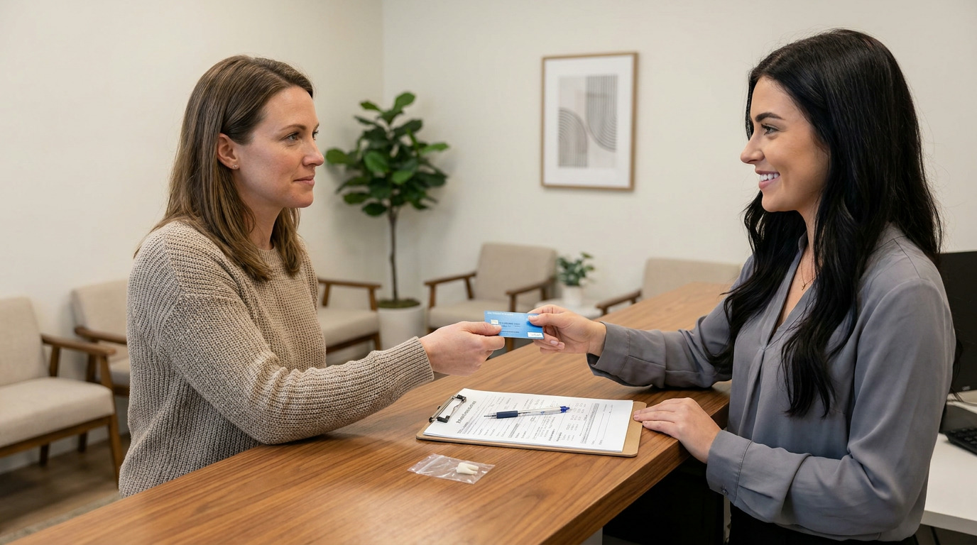 A person in a beige sweater hands a blue card to a smiling person in a gray shirt across a wooden counter with a clipboard, pen, and small bag containing a tooth.