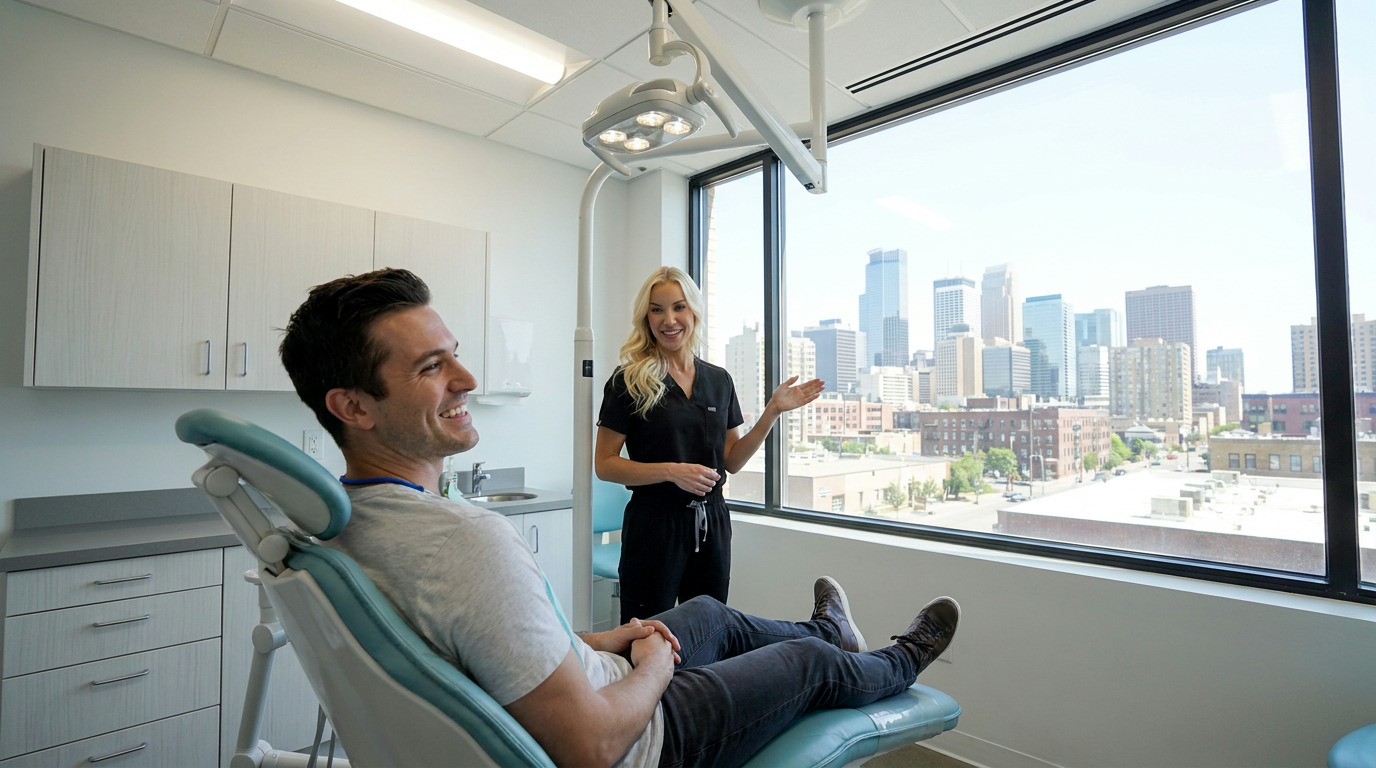 Lucas sits smiling in a dental chair while Dr. Hannon, in black scrubs, gestures toward a city skyline visible through a large window in a bright dental office.