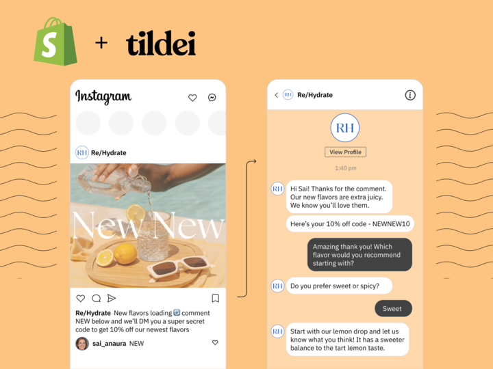 An Instagran post where someone has commented "NEW" alongside a DM conversation with a 10% off offer followed by messages where the customer asks questions and the brands replies with recommendations. 