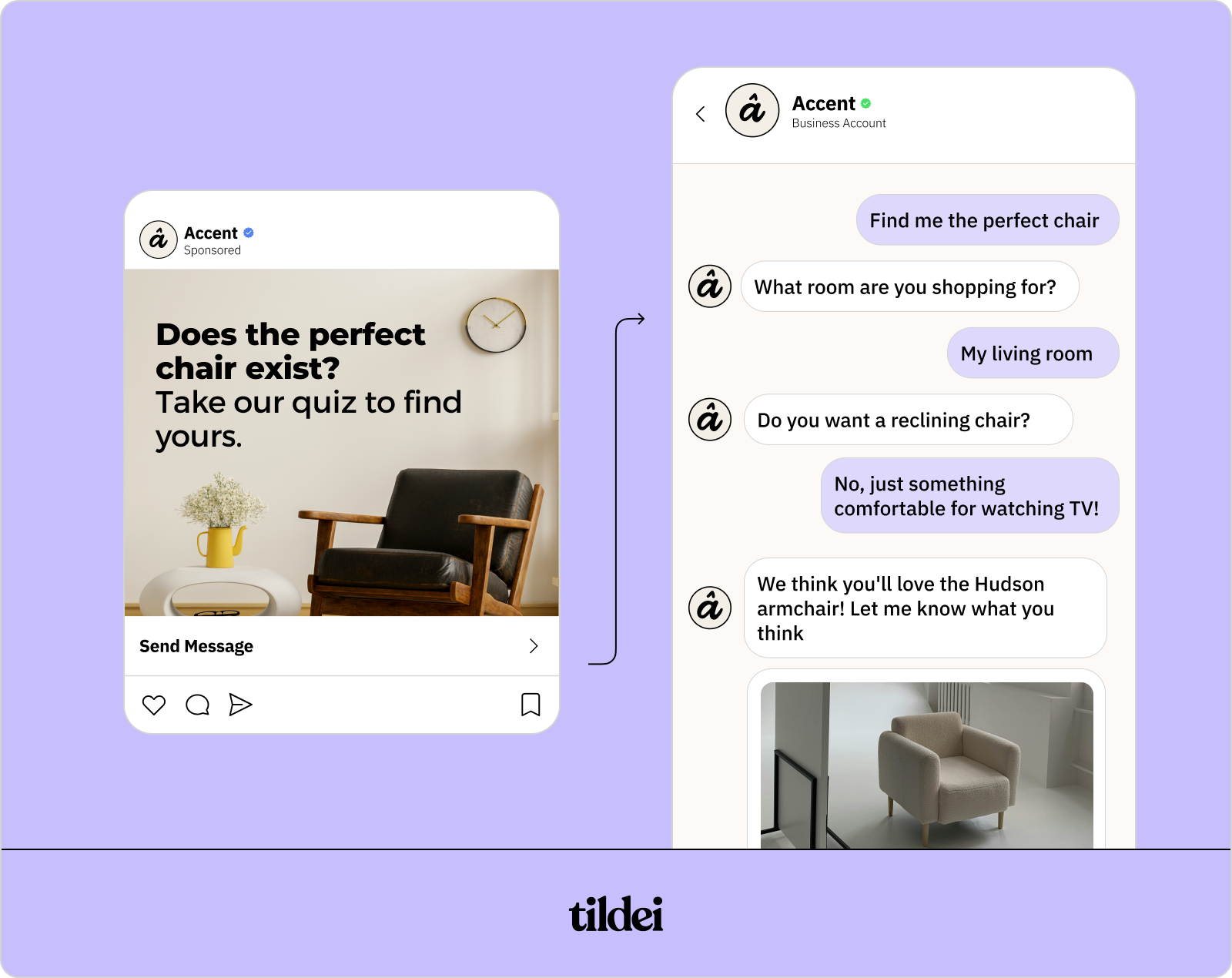 An IG ad with a chair and text that says "Does the perfect chair exist? Take our quiz to find yours." alongside a DM conversation between the brand and the customer where they recommend a chair based on the customer preferences. 