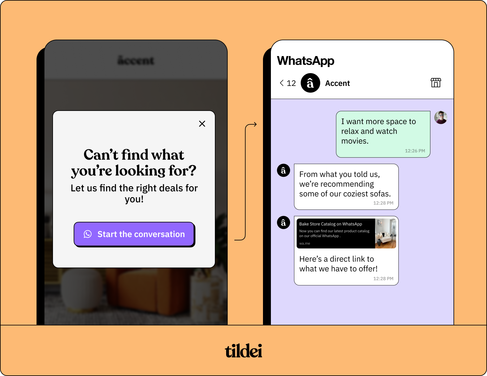 Two phone shapes on an orange background, the left phone is a pop-up on a website asking to begin a WhatsApp conversation, and the right phone is inside a WhatsApp conversation where the Accent brand shares a quiz and a direct link to what products are recommended.]
