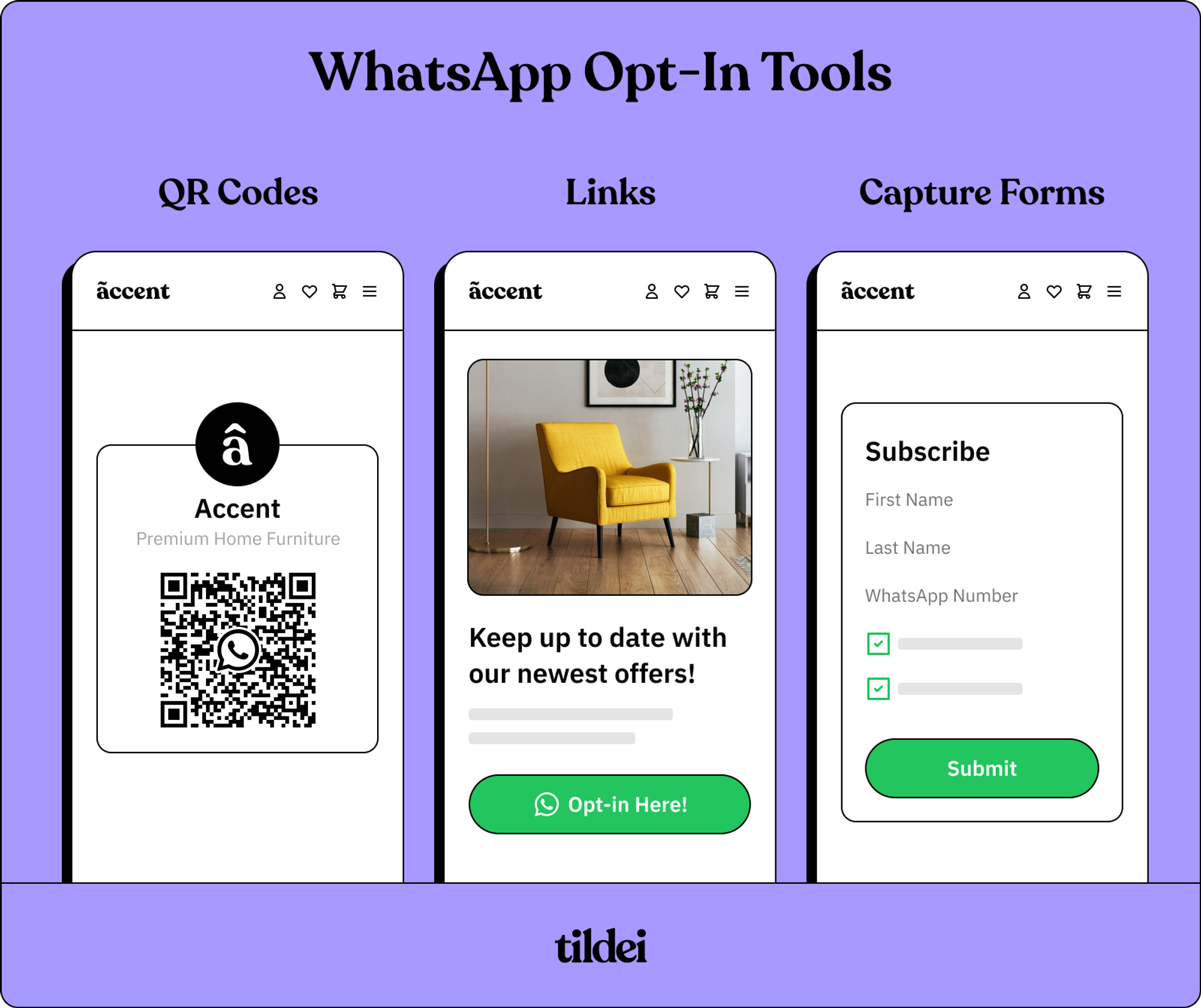 A purple box with the title of “ WhatsApp Opt-In Tools” and an image reflecting each tool: QR Codes, Links, and Capture Forms. The QR code features an Accent branded white pop-up with a QR Code, the central option of Links has a comfy yellow chair asking to be kept up to date with offers and the option to opt-in, on the right is a simple Form asking for subscriber information.