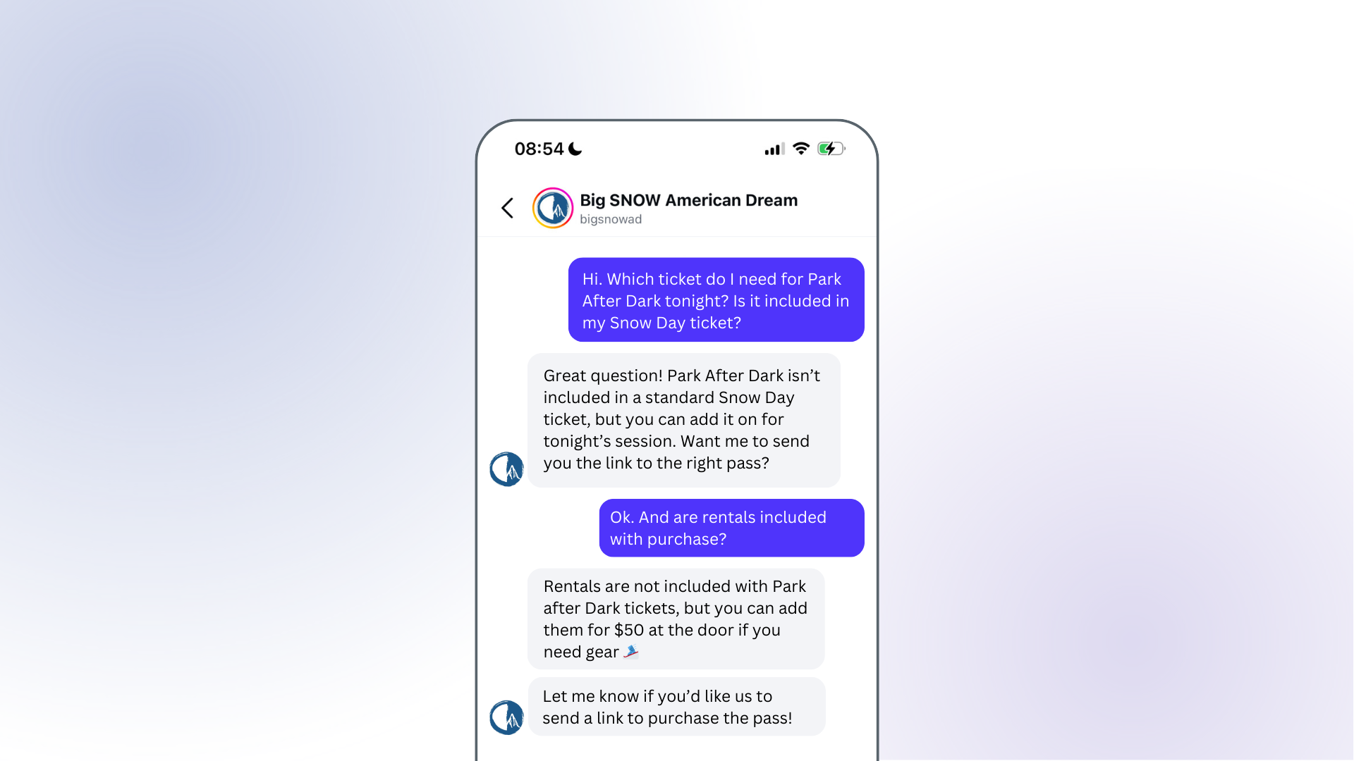 A conversation between a customer and Big SNOW about tickets for Park After Dark. The customer asks if rentals are included and Big Snow replies and offers a link to purchase passes. 