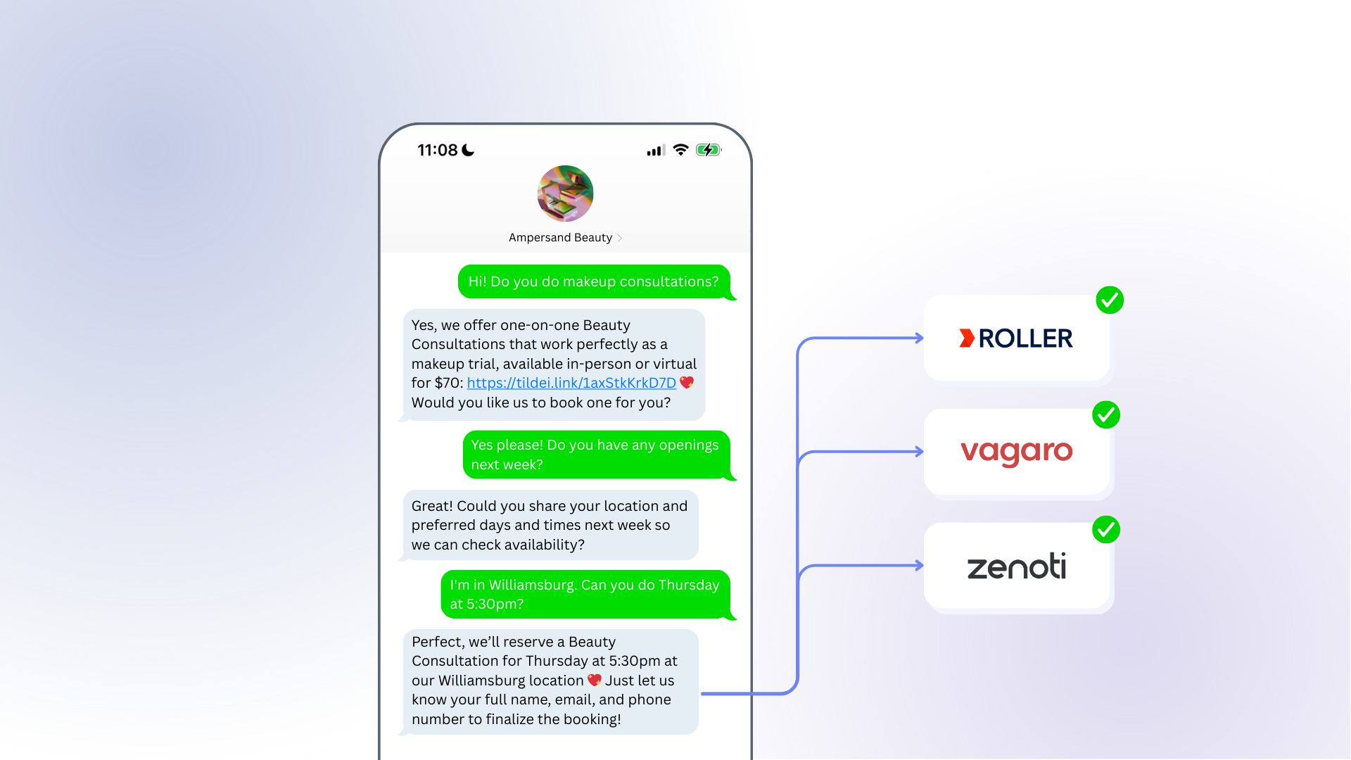 A customer inquires about makeup consultations. The brand replies and they choose a time for the appointment. The image shows the data writing to a variety of booking platforms. 