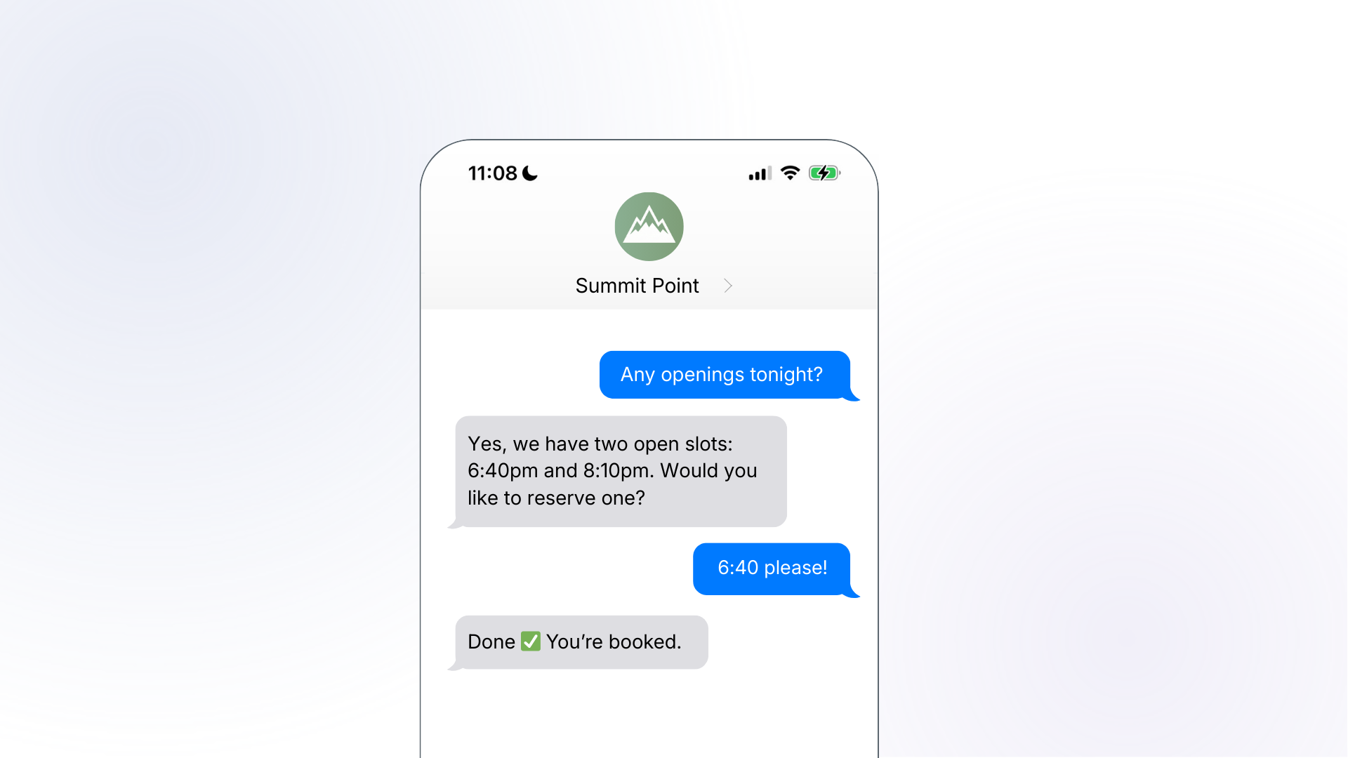 A text conversation with Summit Point where a customer books a last minute spot via SMS.