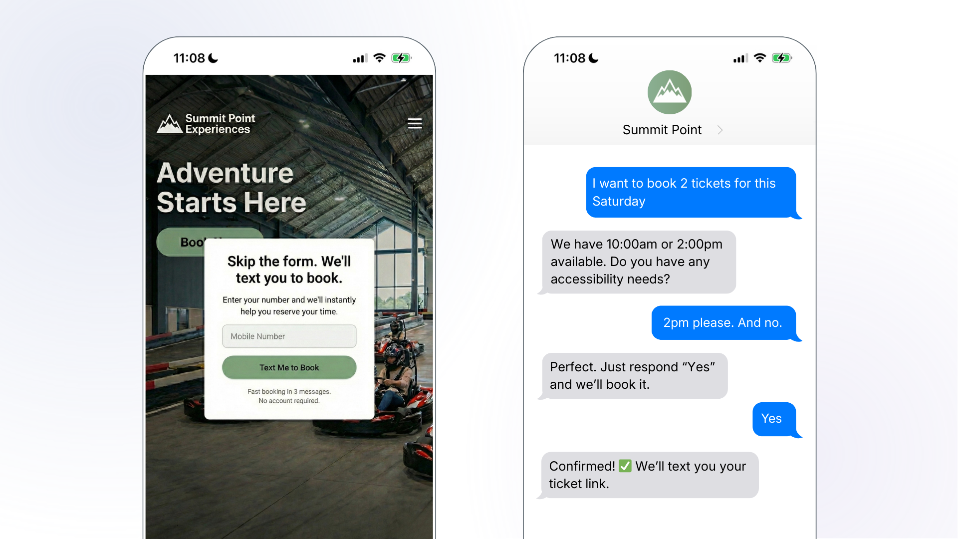 A side by side of a mobile web page for Summit Point and a text message exchange. The webpage has a popup that says "Skip the form. We'll text you to book". The text exchange is a customer making a booking for 2 people and confirming their accessibility needs. 