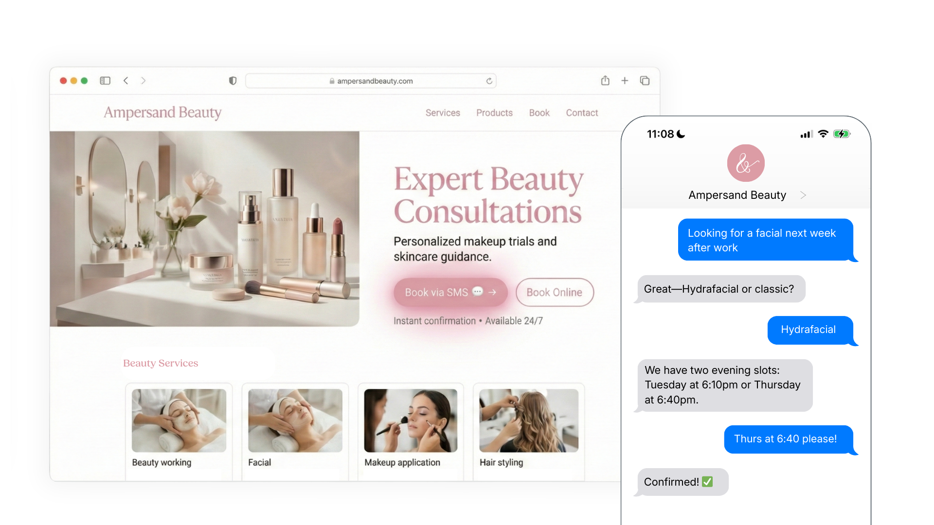 A beauty website with a CTA to Book via SMS. Next to is is a text exchange booking a facial.