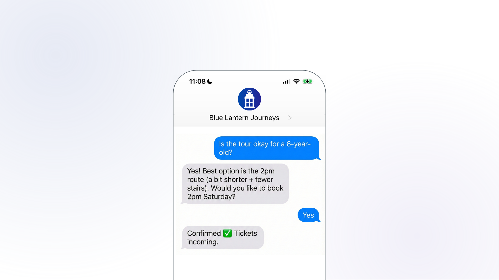 A text exchange between a customer and Blue Lantern Journeys. The customer asks if the tour is ok for a 6 year old and the agent replies with a recommendation and books them.