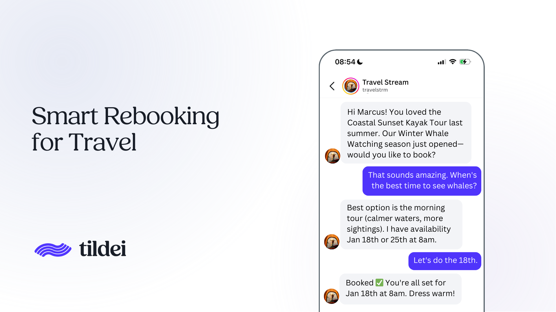 A text exchange with a customer letting them know the whale watching season just started and asking them to book. They also answer a question about the best time for viewing. 
