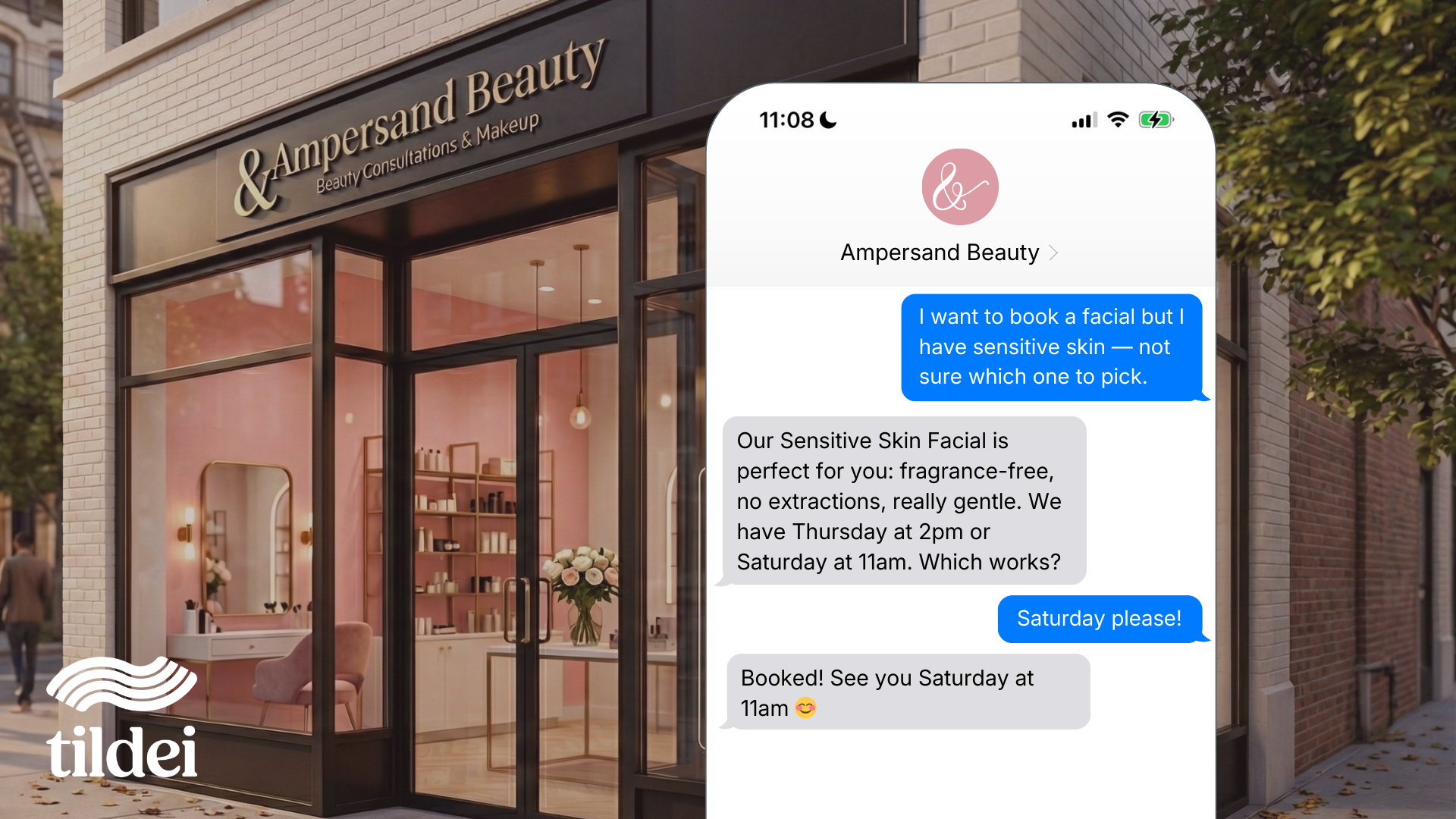A storefront of a beauty business called Ampersand Beauty, it has floral themes and pink color tones on a picturesque city street. There is a message on the right on a phone where a customer books an appointment for 11am to get a sensitive skin facial.
