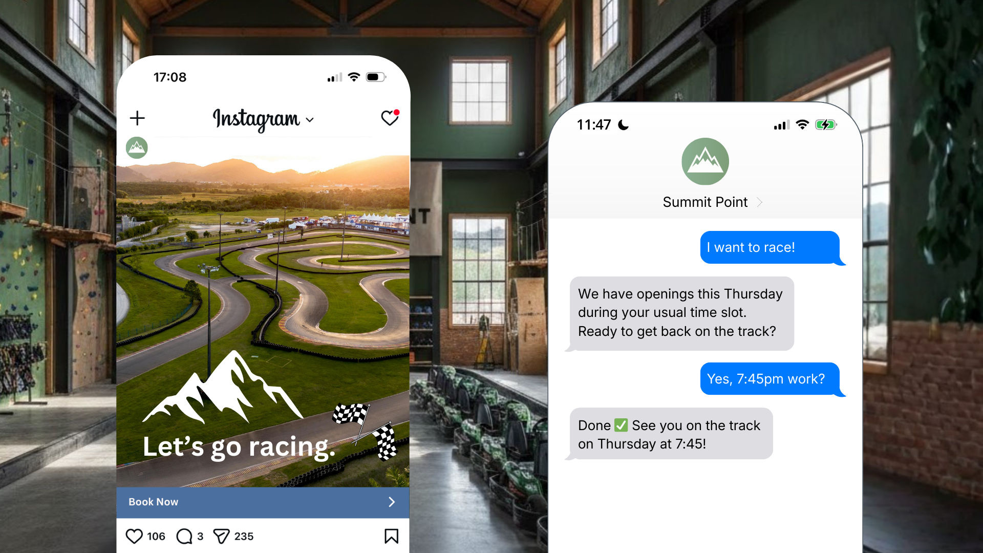 A social post shows a driver in a race and says it’s possible to DM to book your next race experience. The customer DMs the track on social and schedules their next race session.