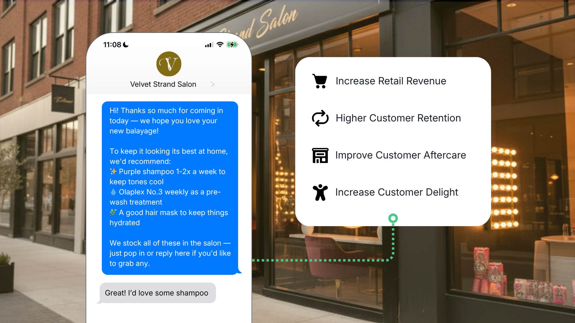 A text message from Velvet Strand Salon that recommends products for at home upkeep following a service.