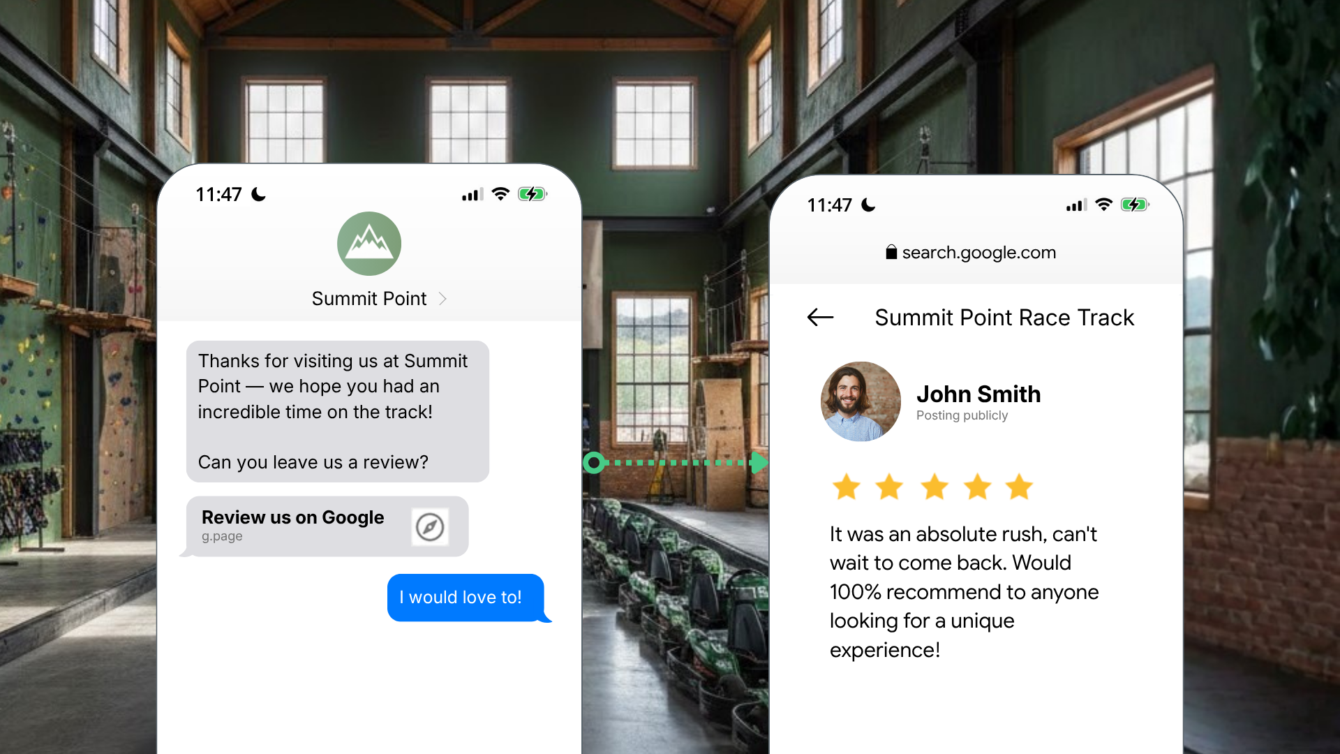 A text message from Summit Point after a visit that requests a review. On the right a screenshot of the review left by that customer. 