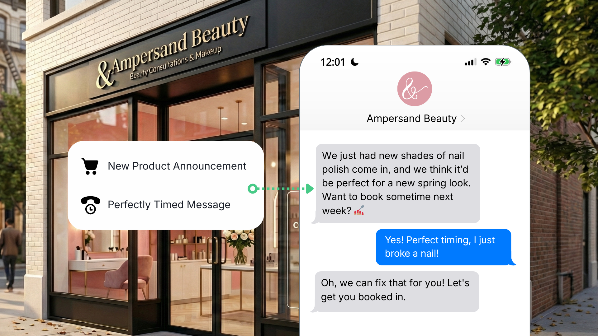 A message from Ampersand Beauty that tells a customer that new colors are in and suggests they book for next week. The customer replies that it is good timing!