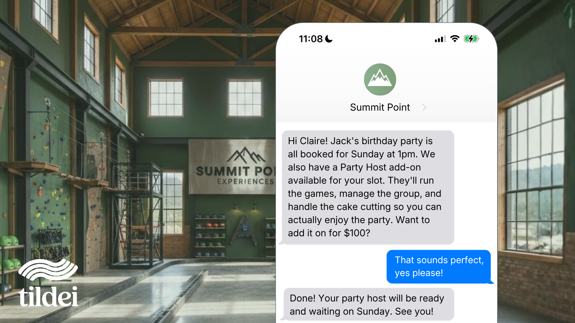 An agent reaches out to a customer who has booked a party, and upsells them a host to help run the party. The customer agrees.