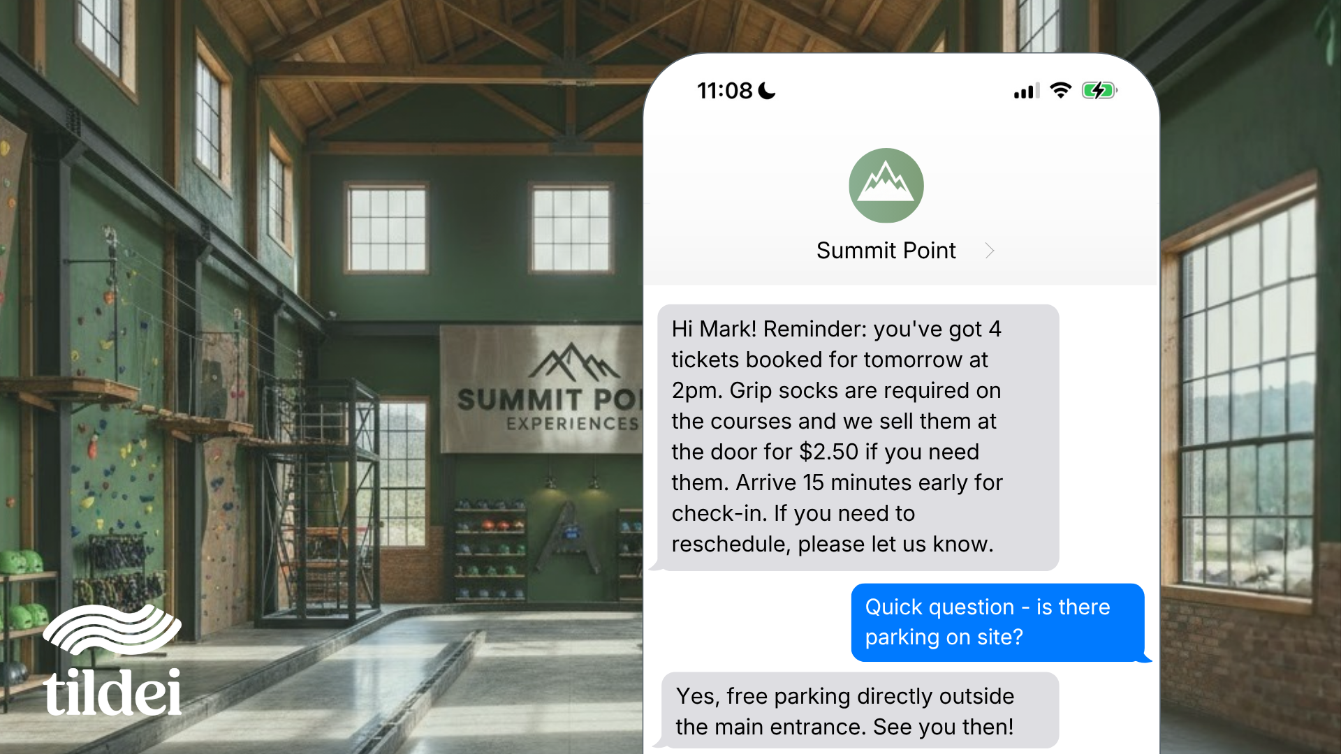 An agent texts a customer to remind them of their booking and telling them to wear grip socks. The customer asks about parking and the agent replies. 