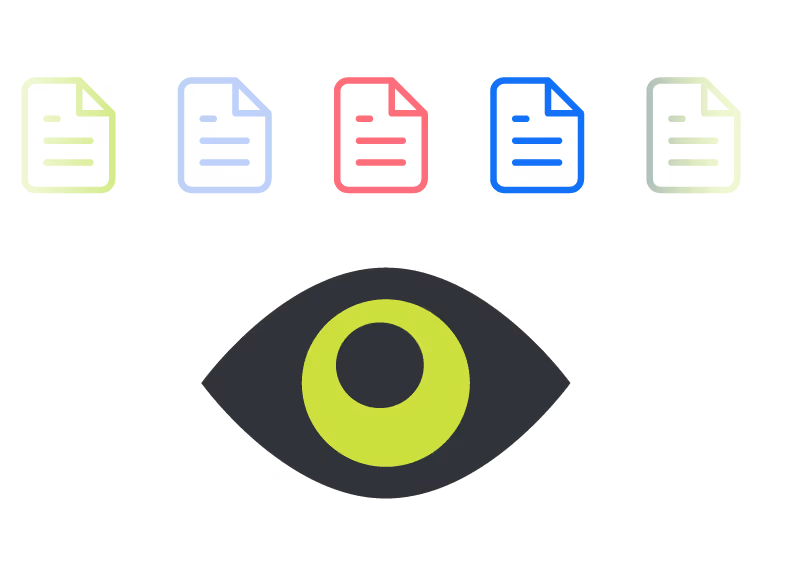 Bright green eye icon surrounded by document icons, representing full system visibility and constant monitoring of digital activity