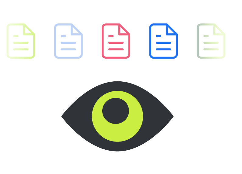 Bright green eye icon surrounded by document icons, representing full system visibility and constant monitoring of digital activity