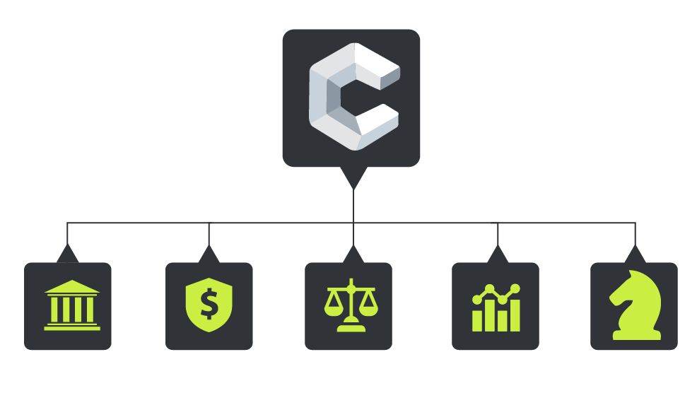 Connected icons of different tools funnelling into a central platform symbol, illustrating smooth and fast integration with external systems.