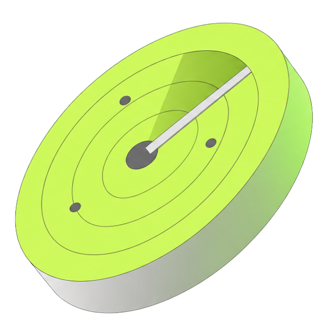 3D radar display with a white pointer and three black dots on green circular concentric rings.