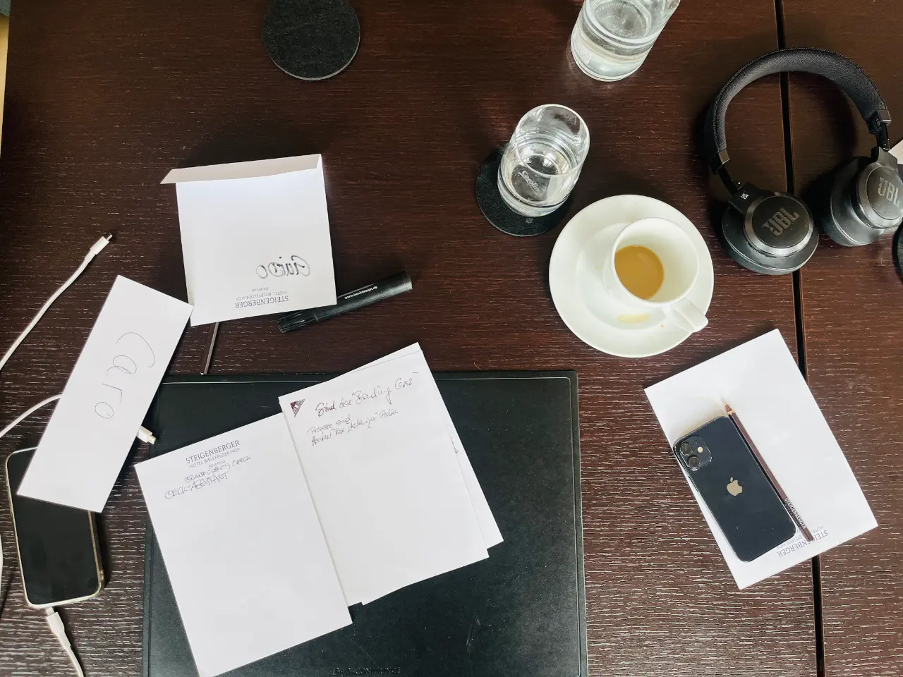 Arbeitsplatz von oben mit Espressotasse, handgeschriebenen Notizen, Kopfhörern, Smartphone und Wassergläsern auf dunklem Holztisch