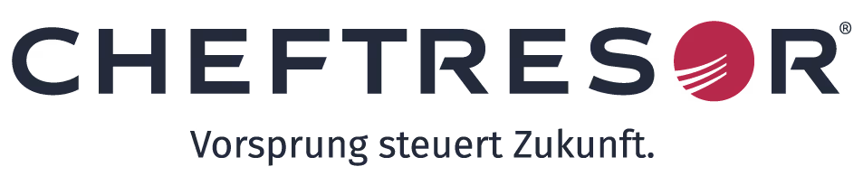 Logo von CHEFTRESOR mit rotem Kreis und Text darunter, der schwer lesbar ist.