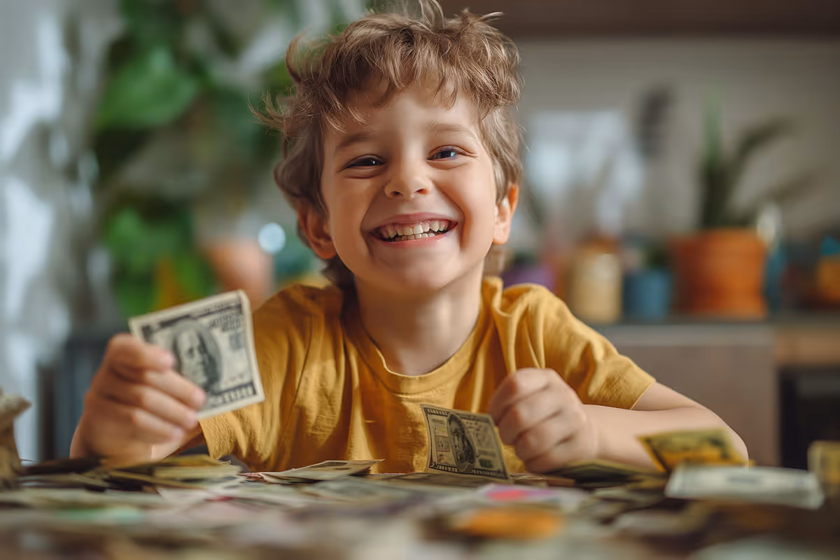 Cute kid smiles while holding money in his hand