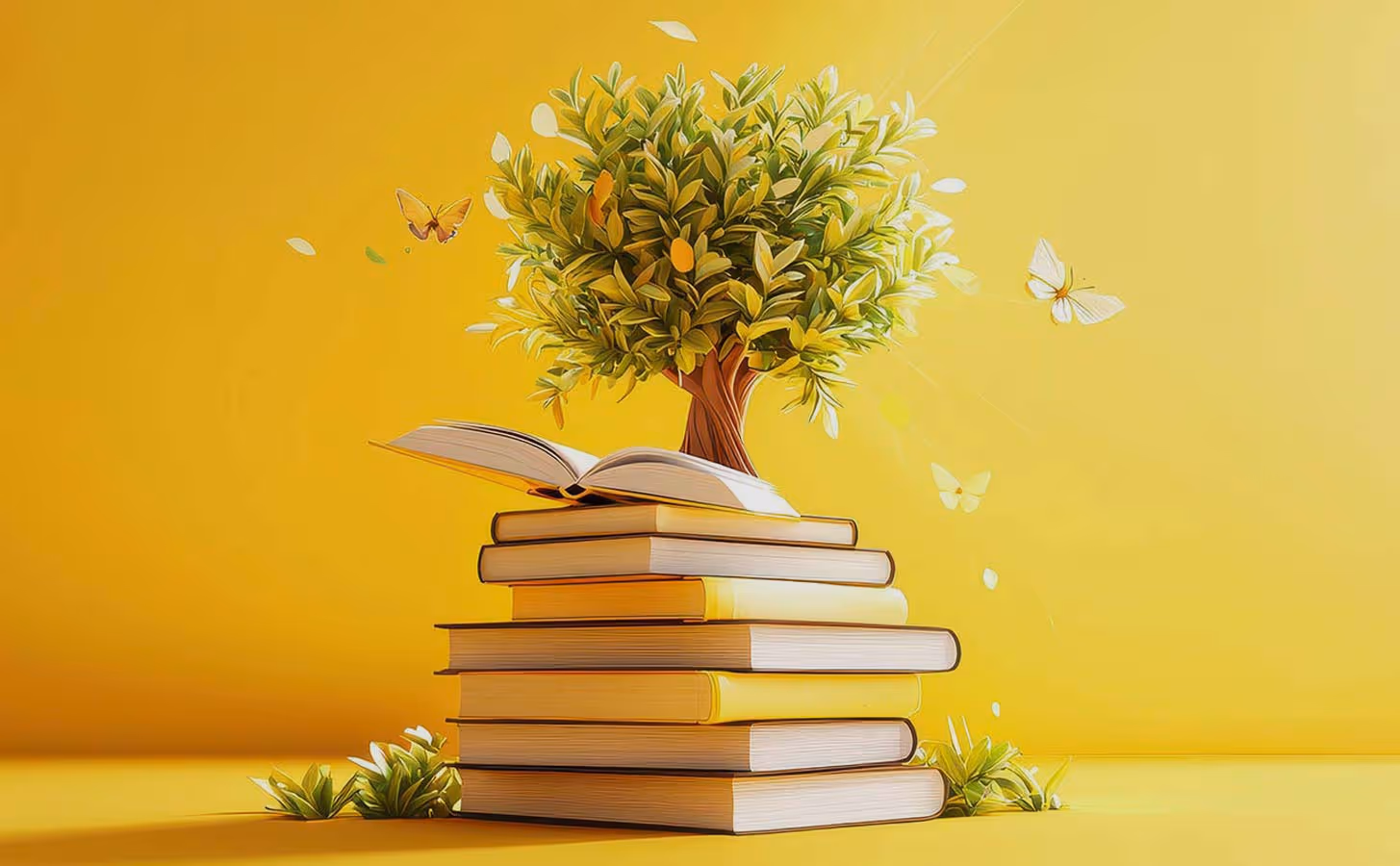 A tree growing out of a stack of books