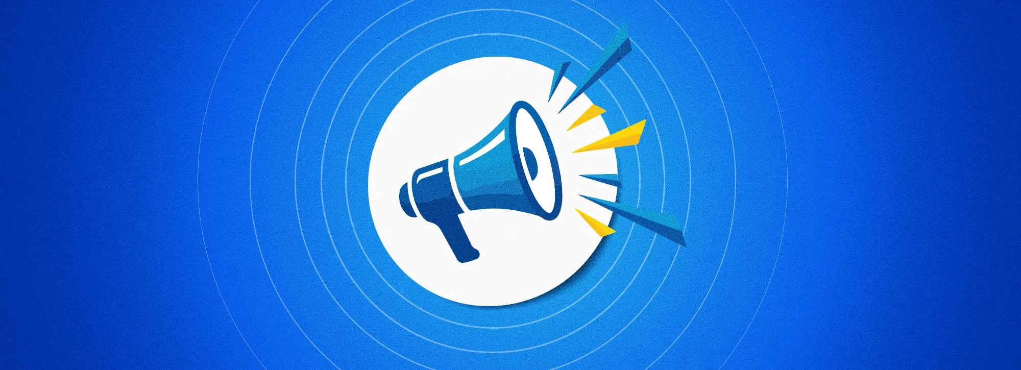 Blue megaphone with sound waves on a blue background with concentric circles.