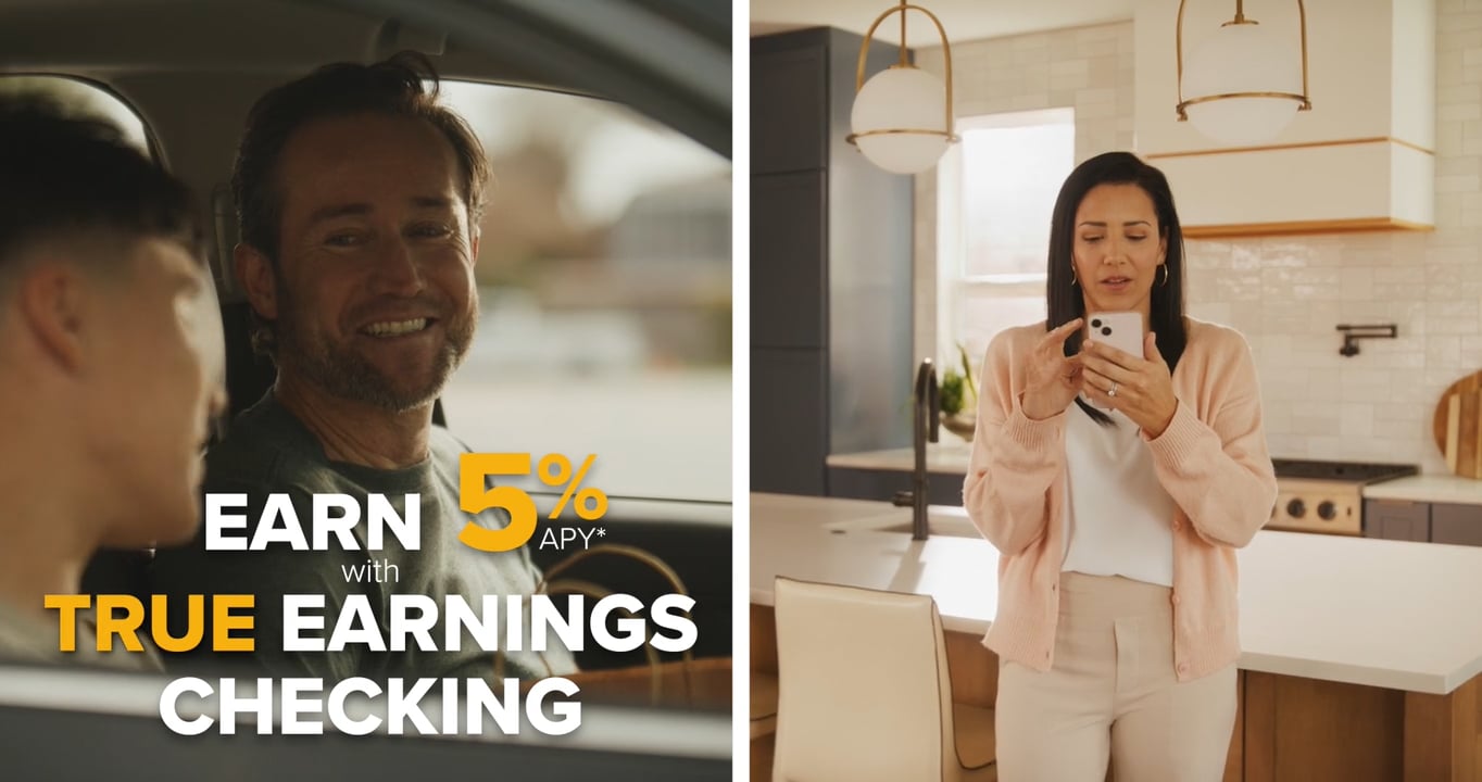 Smiling man in car and woman using smartphone in modern kitchen promoting 5% APY True Earnings Checking.