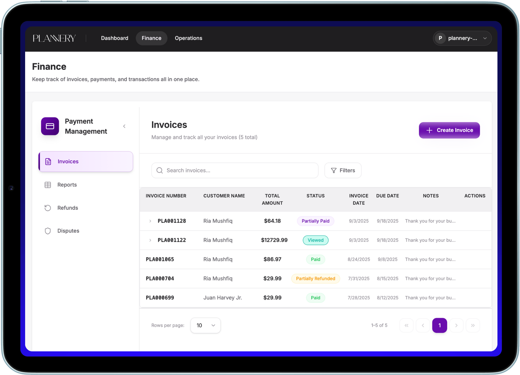 Shows Invoice Page