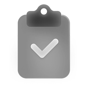 Gray clipboard icon with a white check mark in the center, representing completion, approval, or task confirmation.