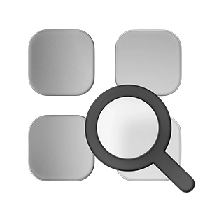 Icon showing four rounded gray squares arranged in a 2x2 grid with a magnifying glass overlaying the lower right square, symbolizing search or app exploration.