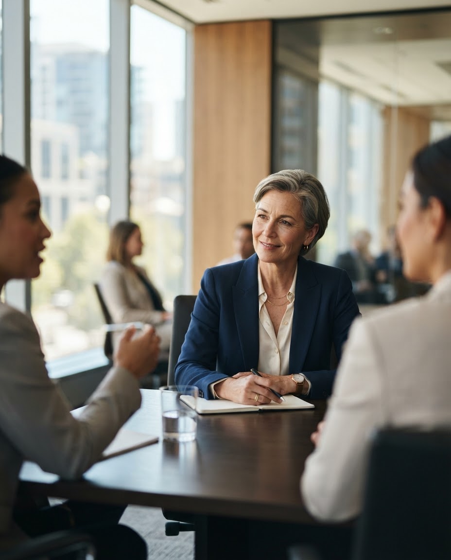 A senior executive listening to a peer during a small leadership roundtable