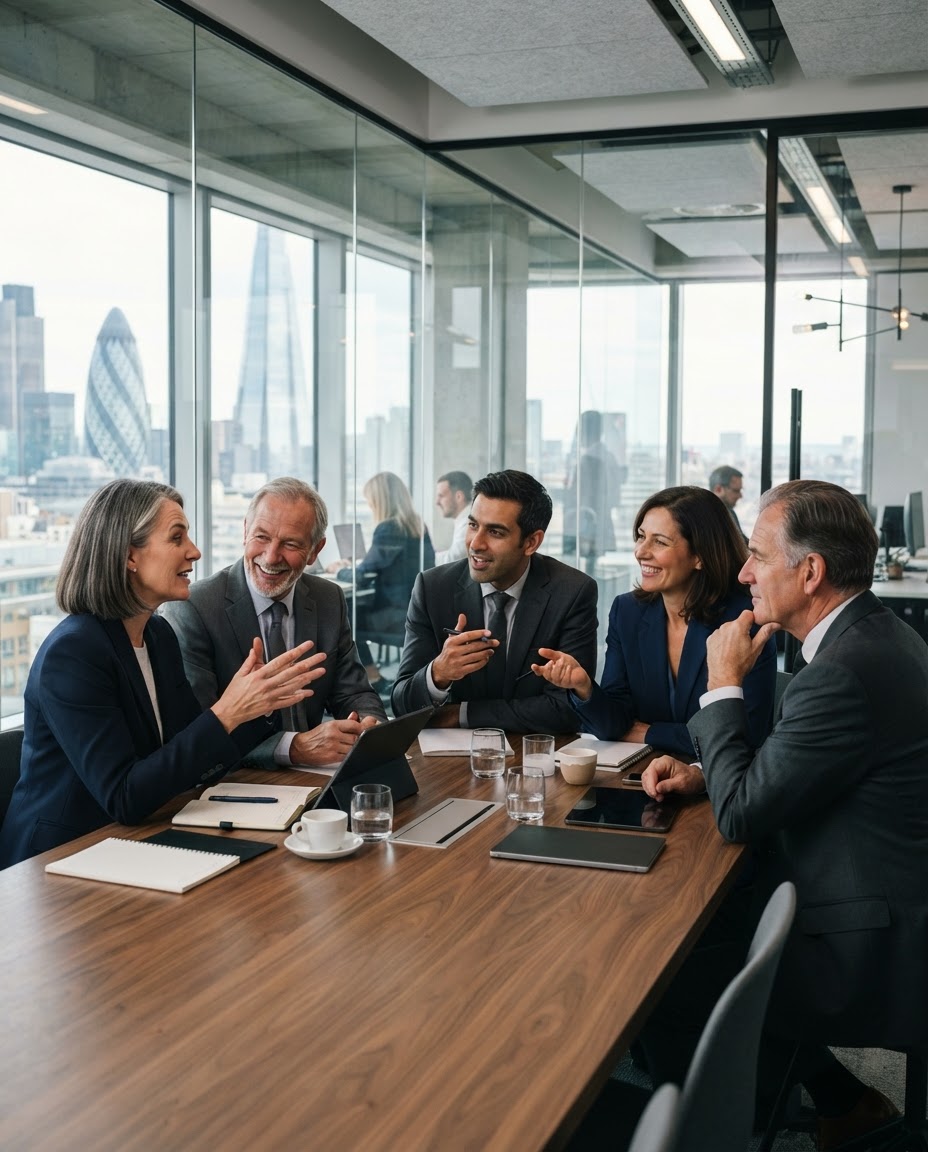 Senior executives in discussion around a table in a modern office