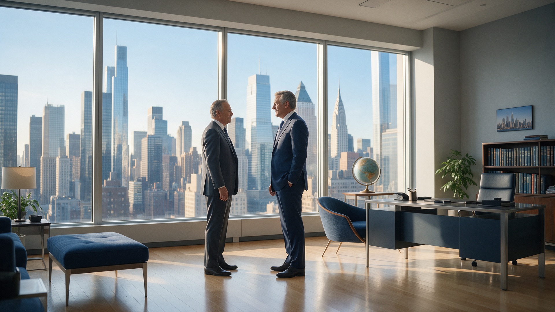 Two senior business leaders talking by a window overlooking a city skyline