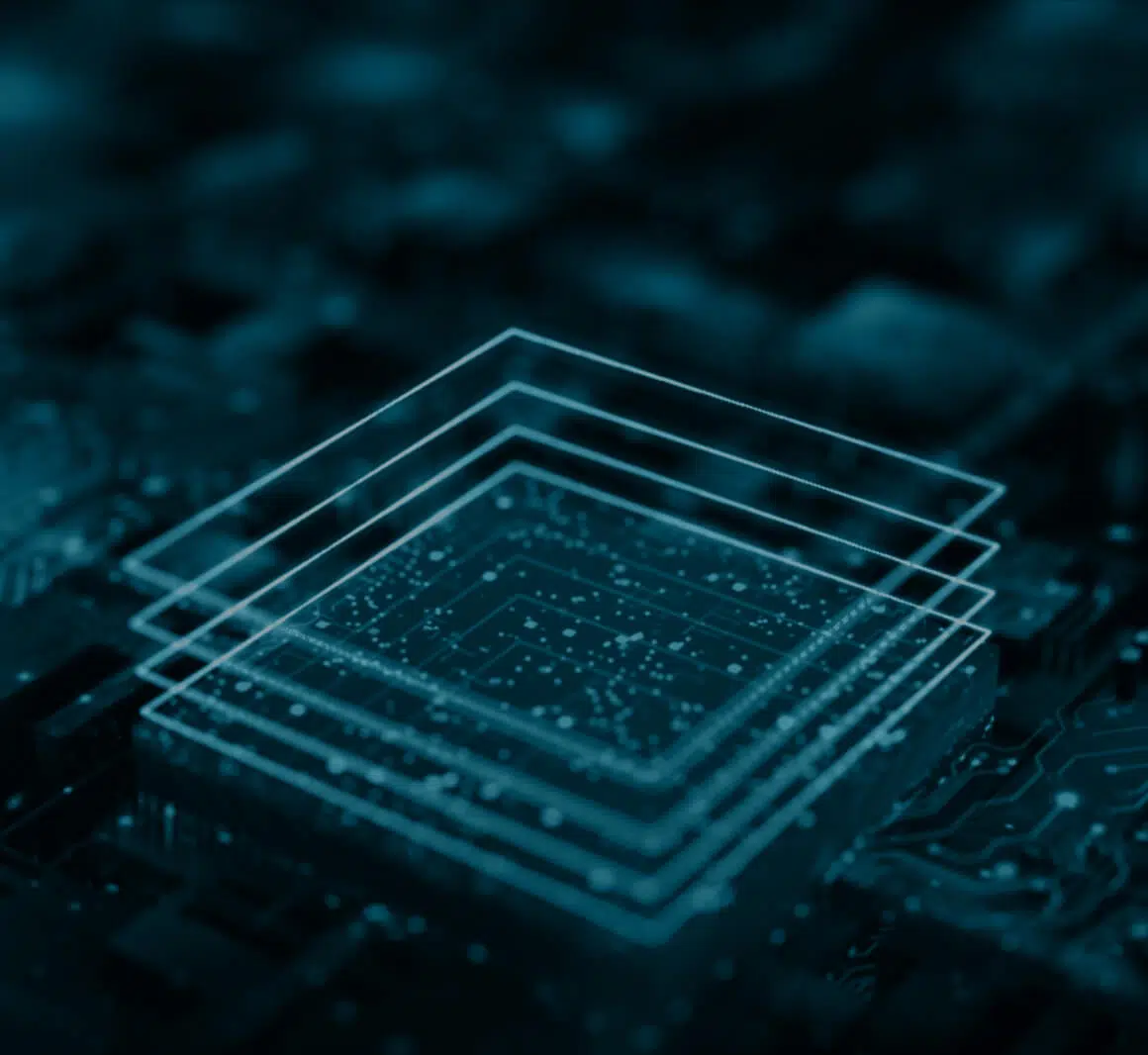 Digital layers over a microchip representing rapid tech innovation.