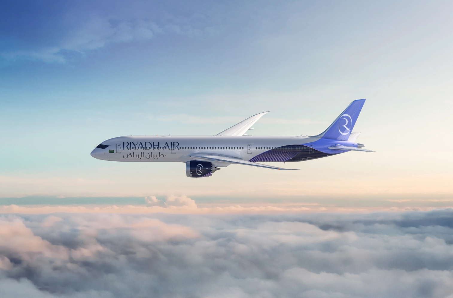 Riyadh Air airplane flying above clouds during daylight.