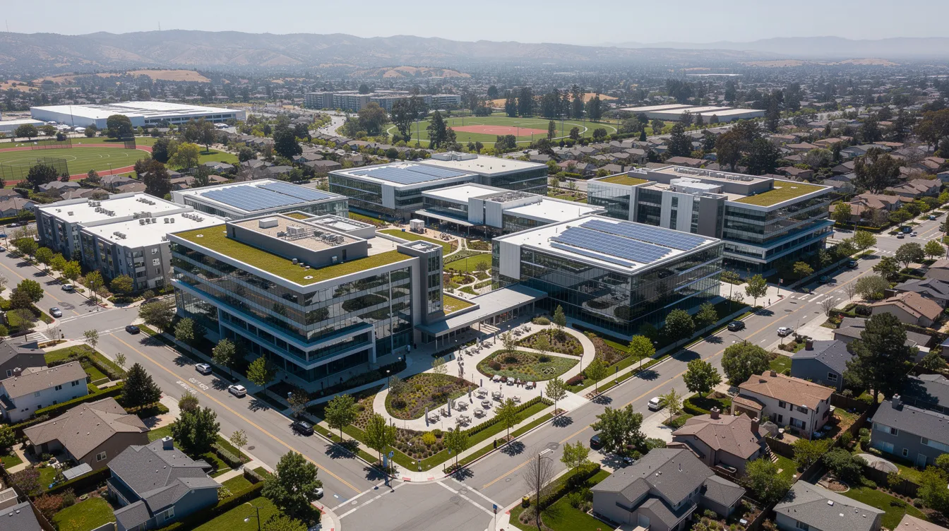 An aerial view of a modern technology campus in Silicon Valley showcases sleek buildings surrounded by a suburban landscape, reflecting the dynamic environment where cybersecurity roles and tech companies thrive in San Jose, California. This vibrant site is a hub for innovation, attracting candidates seeking to understand the evolving job market and salary ranges in the cybersecurity field.