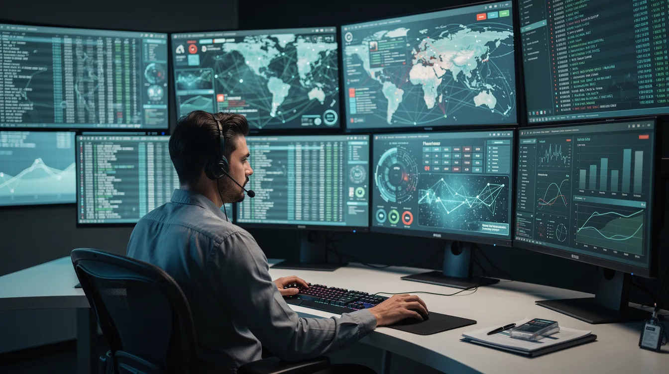 The image depicts a professional working in a modern security operations center in San Jose, surrounded by multiple monitors that display various network data crucial for cybersecurity roles. The setting emphasizes the importance of technology and collaboration among colleagues in maintaining security compliance and addressing potential threats.