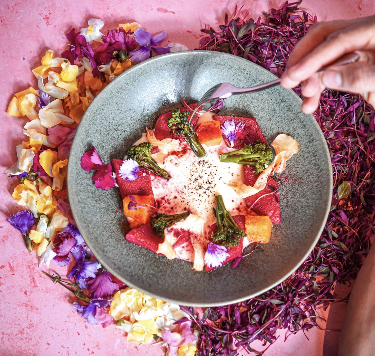 Plate of colourful food, broccolini, beetroot, squash creamy sauce and flower petals.