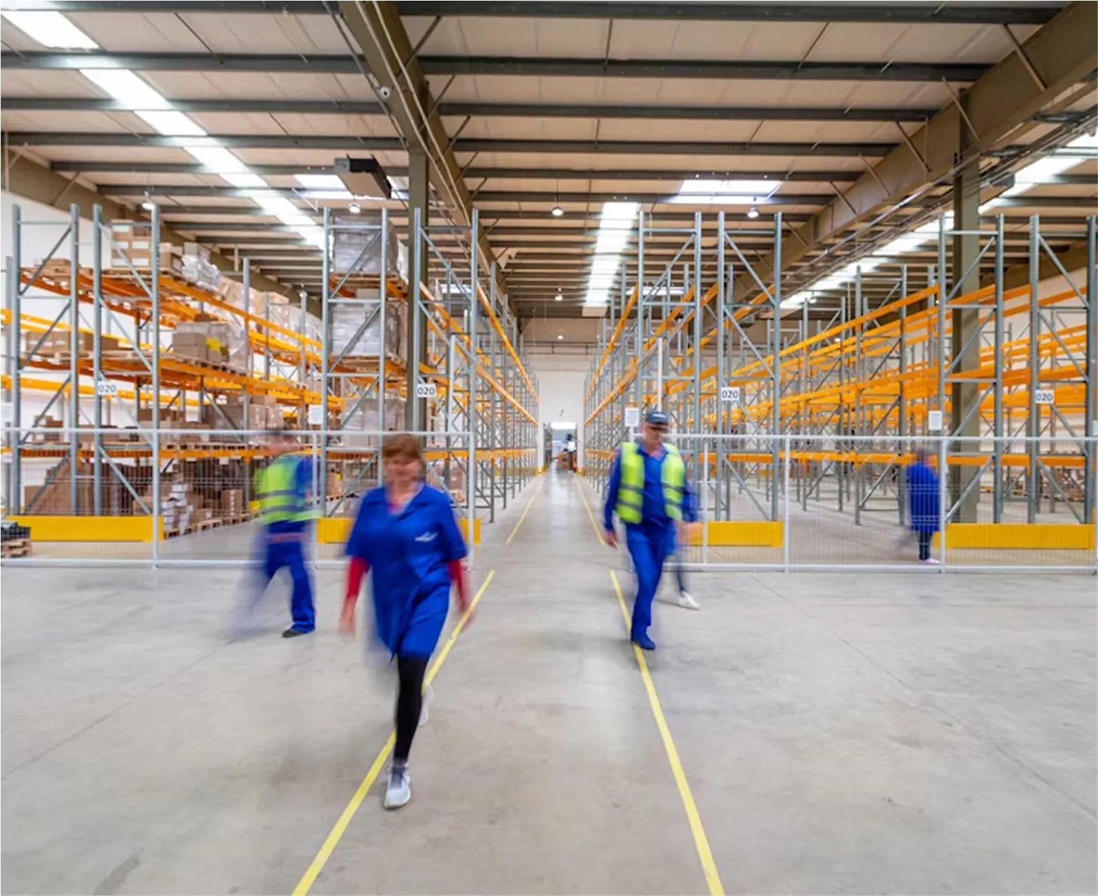 Interior of a warehouse with empty metal shelving and workers in safety vests, using RUX field service management software and industry technology