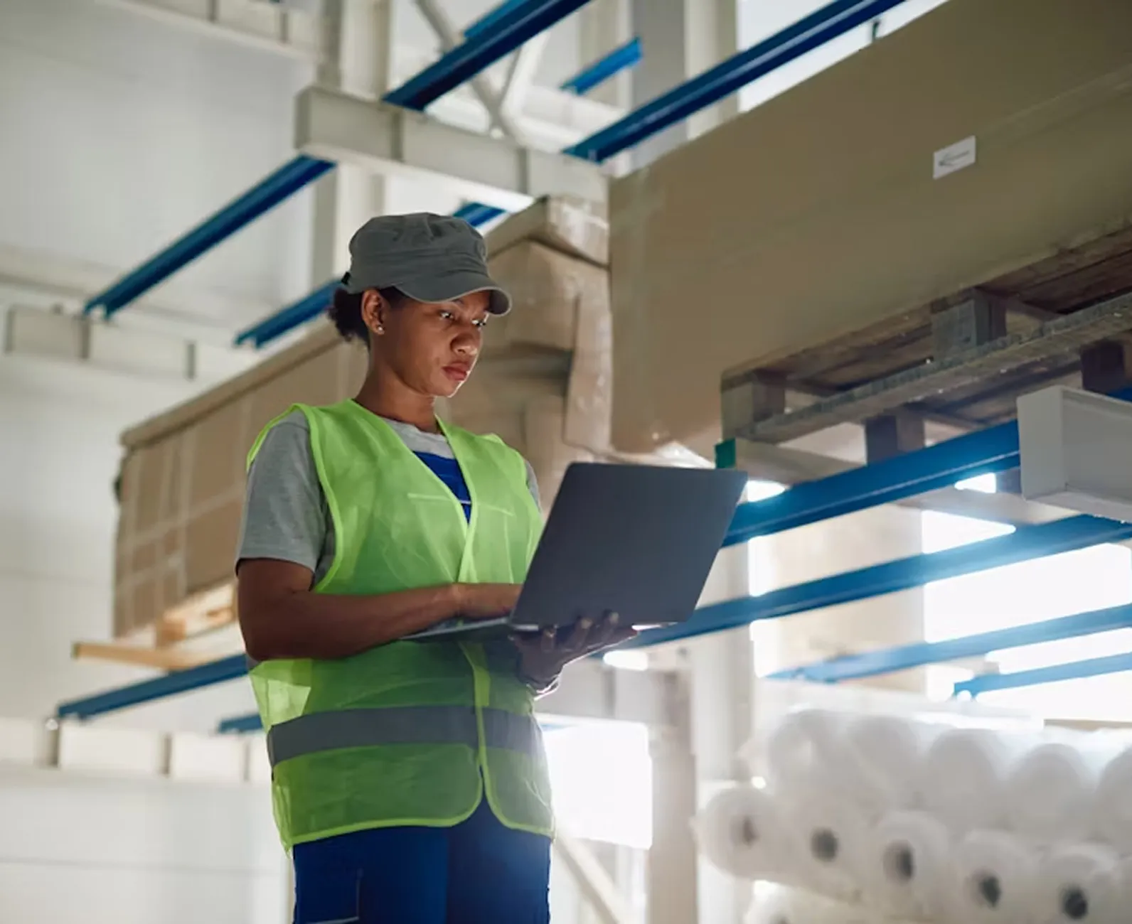 Person in a safety vest using a laptop in a warehouse, representing RUX Asset Management Solution and Field Service Management Solution