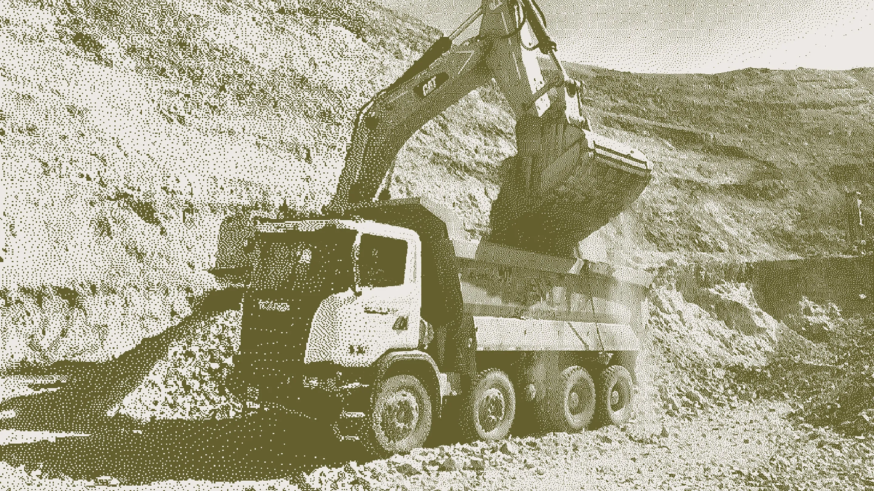 Yellow excavator loading rocks into a dump truck in a quarry, using RUX business apps and field service tools