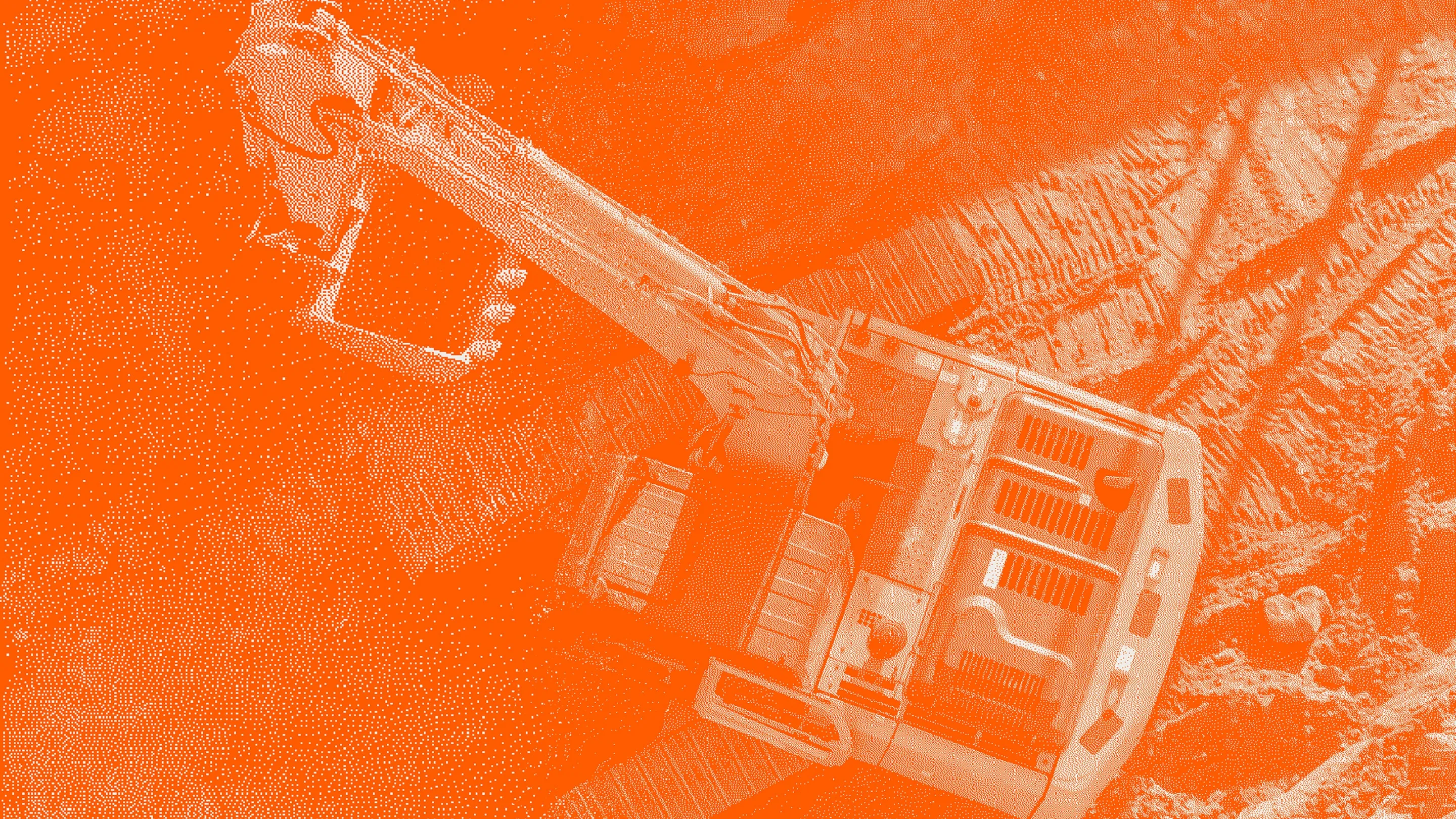 Aerial view of an excavator operating on a construction site, showcasing RUX field service management and asset management apps