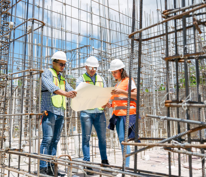 Three people reading blueprints surrounded by scaffolding at a construction site.