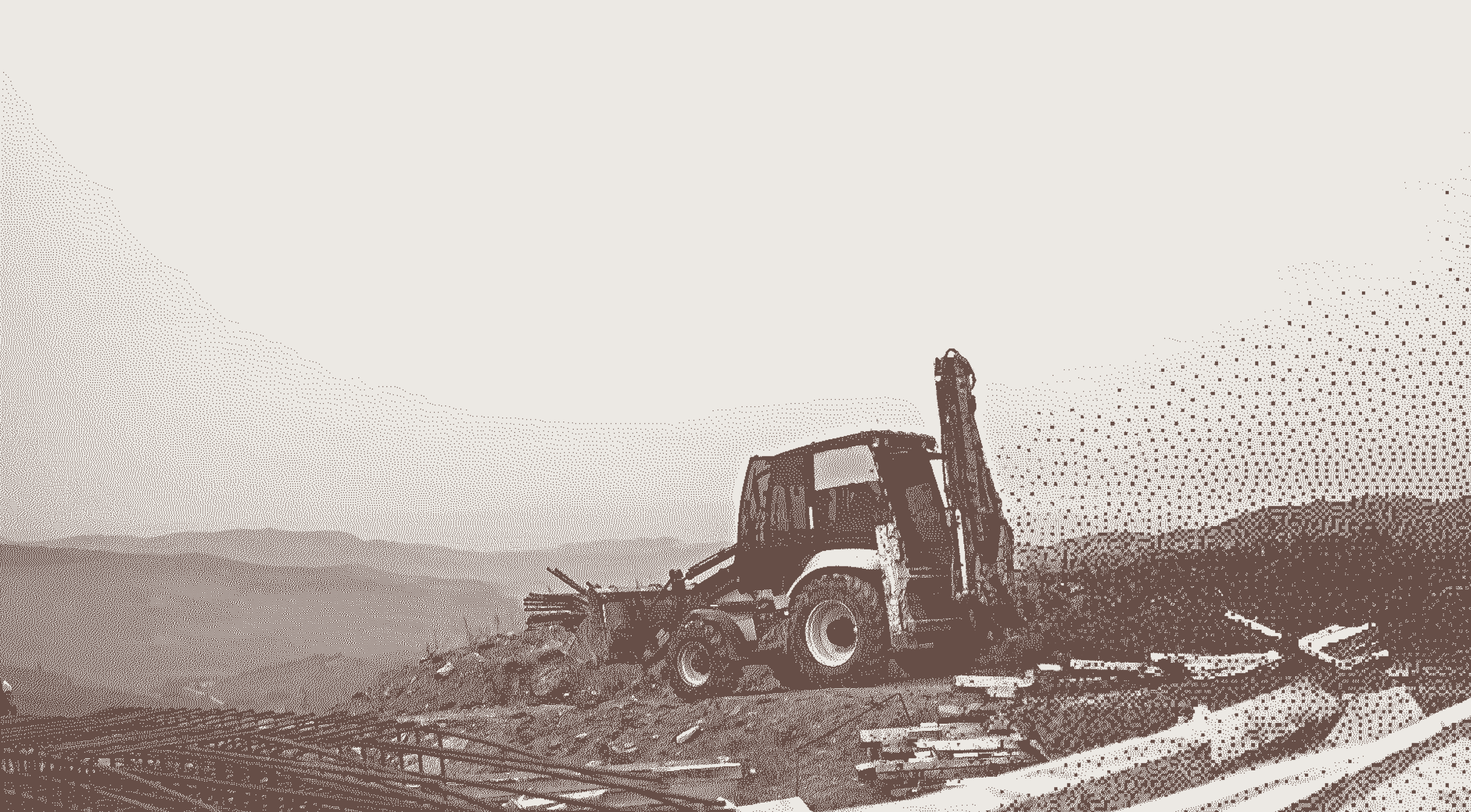 Construction site with a backhoe loader and scattered materials, utilizing RUX Dynamics 365 apps and Business Central Apps for project management