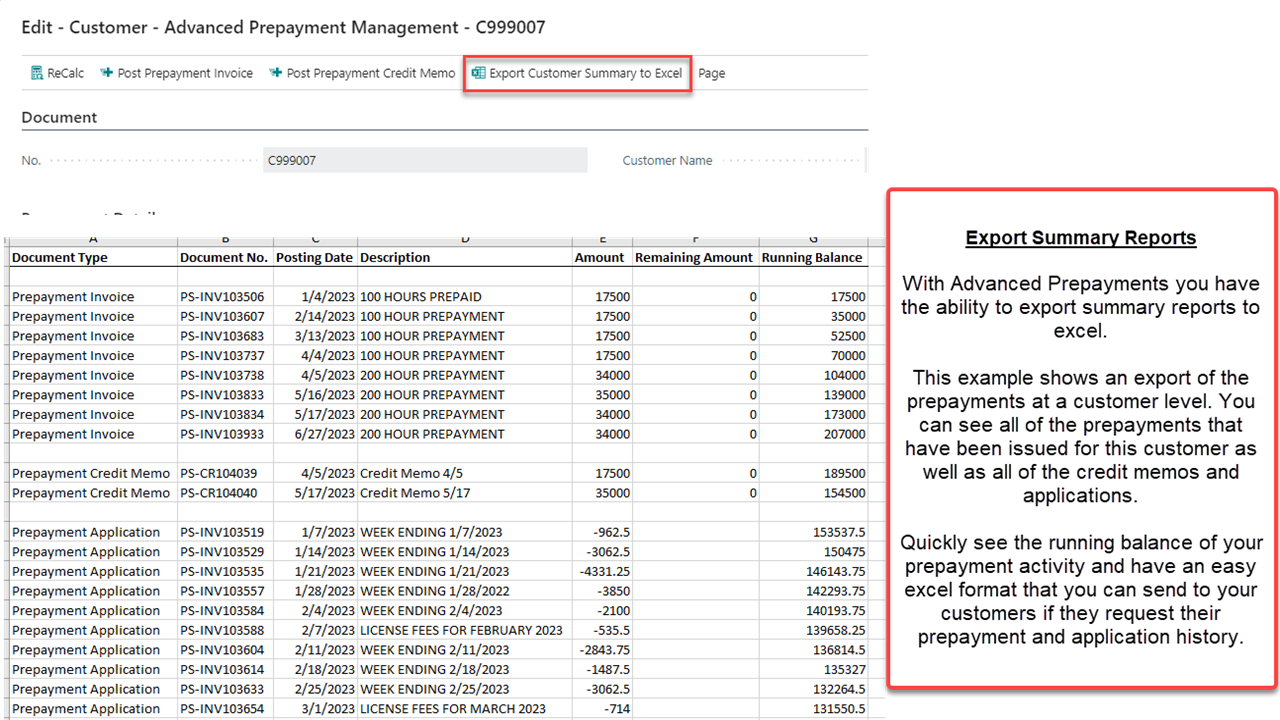 Excel Prepayment Summary Export