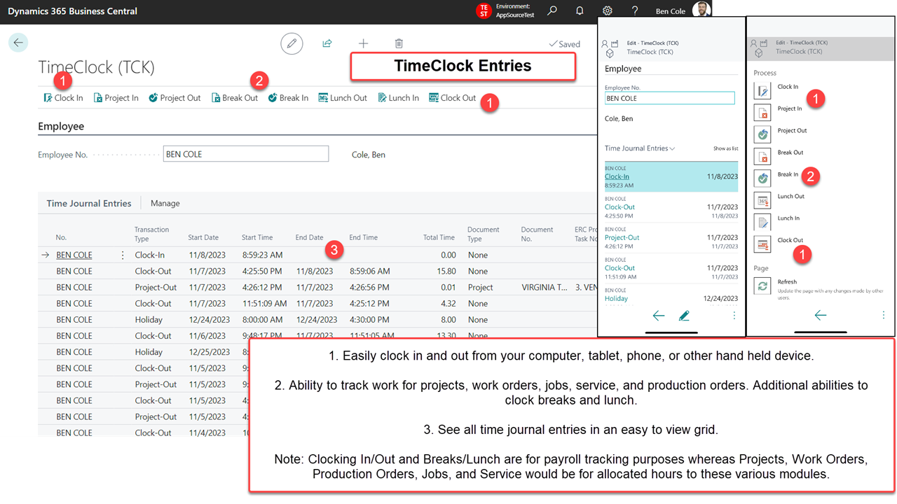 TimeClock for D365 Business Central - Screenshot of Time Clock Entries